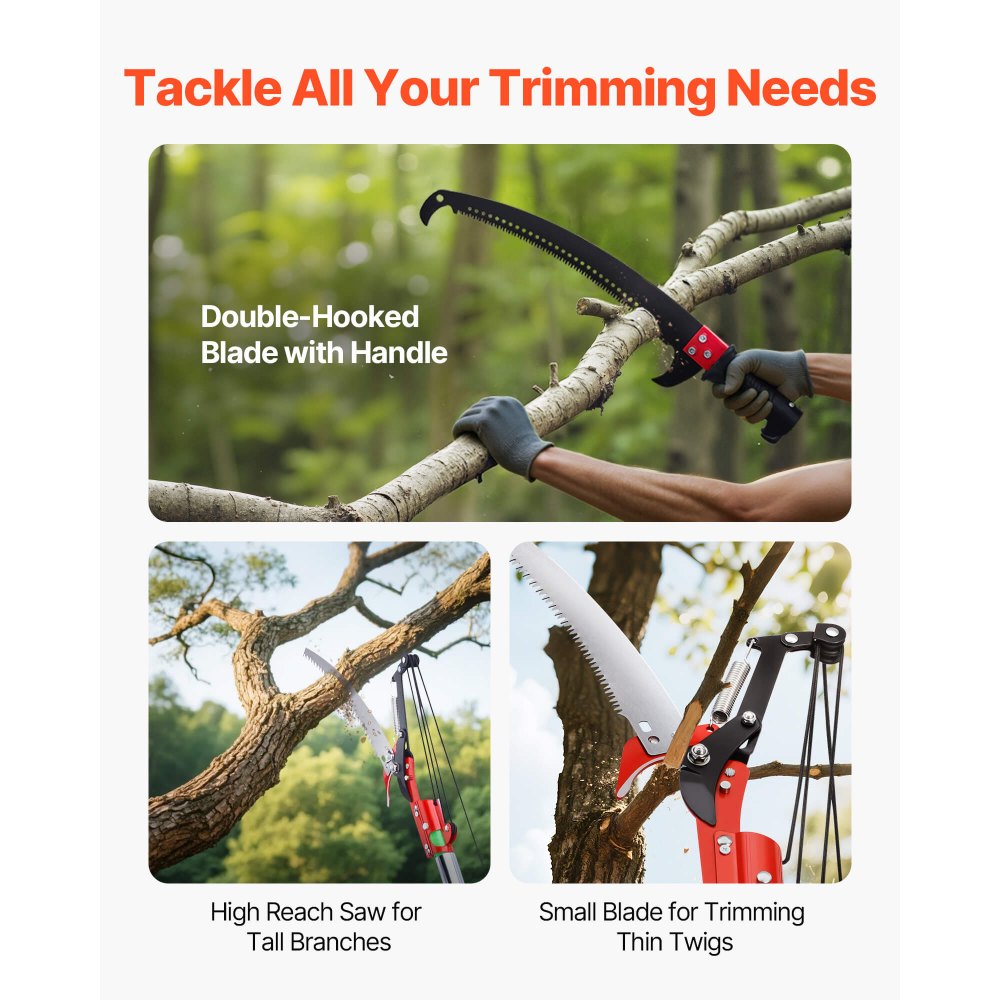 27 ft Extendable Manual Pole Saw with Fiberglass Handle, High Reach Tree Pruner – Standard or with Pruning Scissors