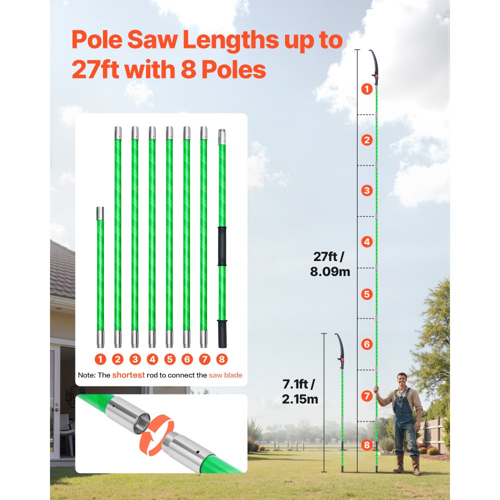 27 ft Extendable Manual Pole Saw with Fiberglass Handle, High Reach Tree Pruner – Standard or with Pruning Scissors