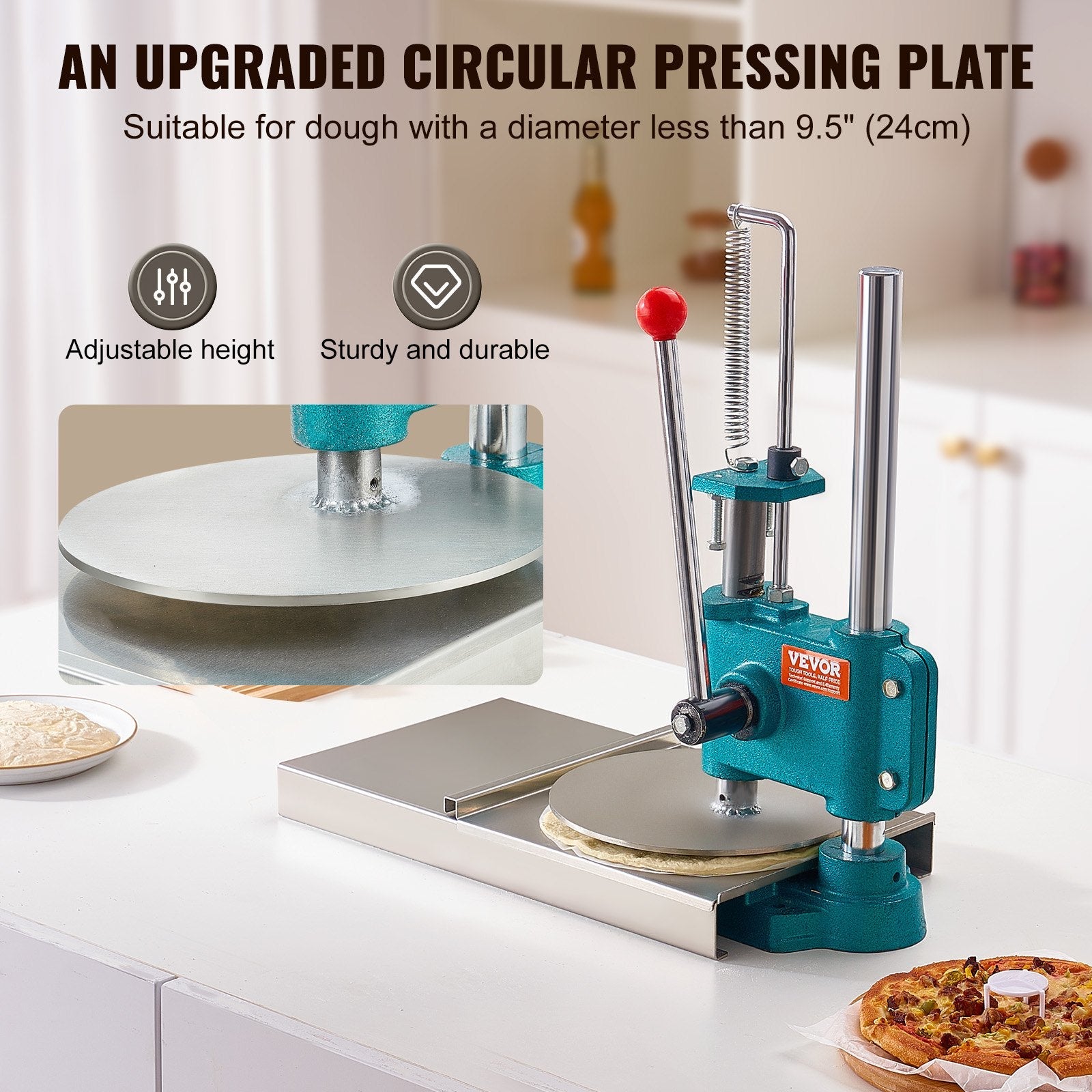 VEVOR Manual Pizza Dough Press Machine, 9.5inch/24cm Household Pizza Pastry, Stainless Steel Pizza Presser, Commercial Chapati Sheet Pizza Crust Press Plate, Height Adjustable Pizza Forming Machine 