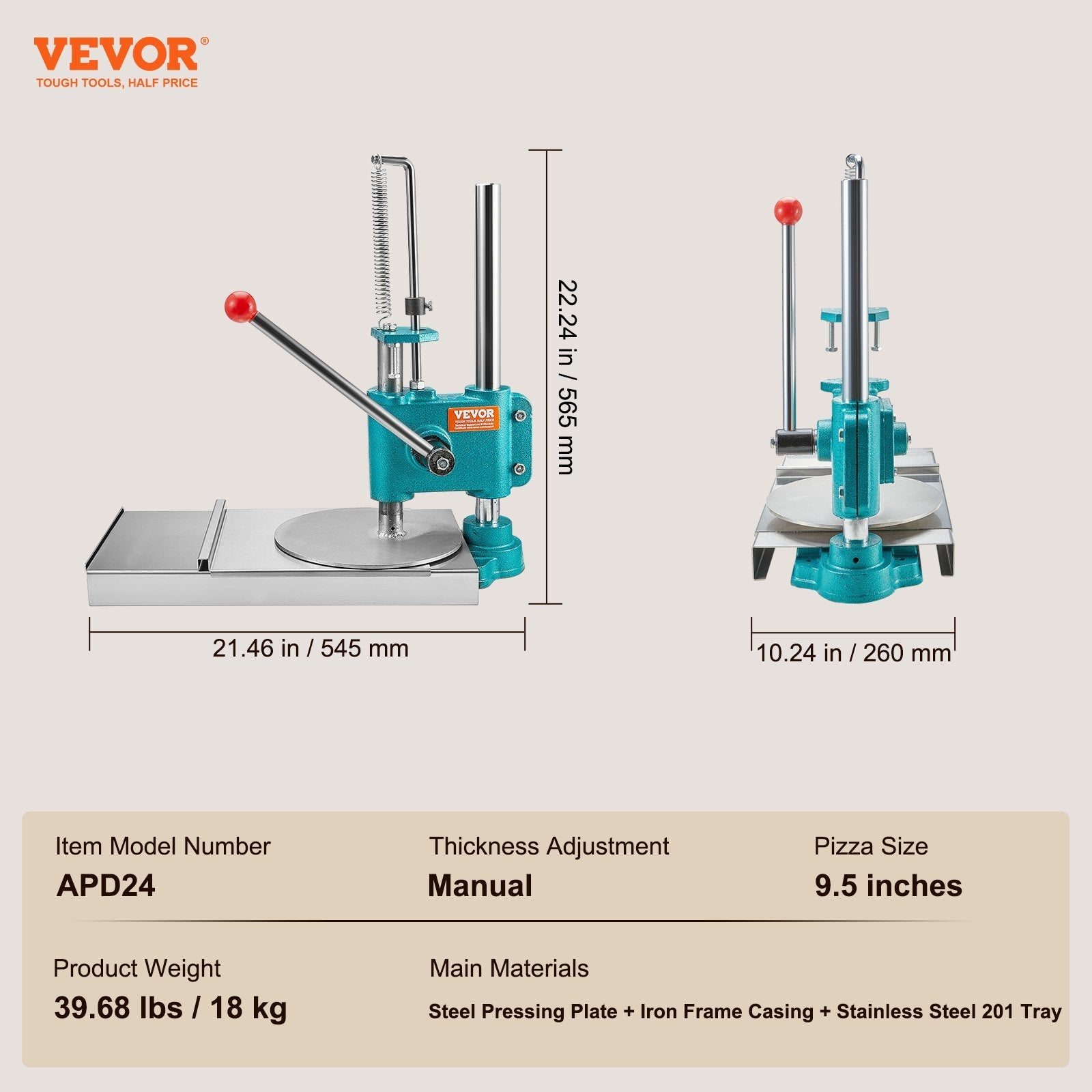 VEVOR Manual Pizza Dough Press Machine, 9.5inch/24cm Household Pizza Pastry, Stainless Steel Pizza Presser, Commercial Chapati Sheet Pizza Crust Press Plate, Height Adjustable Pizza Forming Machine 
