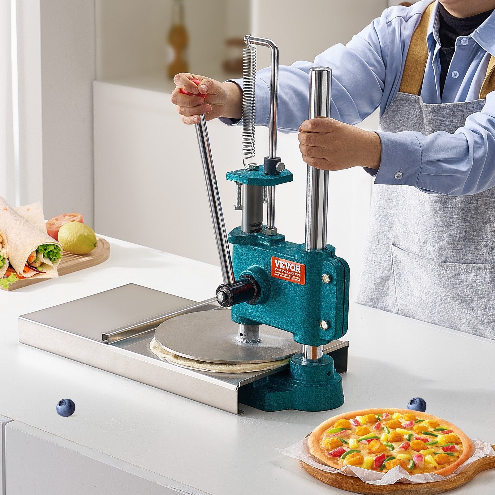 VEVOR Manual Pizza Dough Press Machine, 9.5inch/24cm Household Pizza Pastry, Stainless Steel Pizza Presser, Commercial Chapati Sheet Pizza Crust Press Plate, Height Adjustable Pizza Forming Machine 