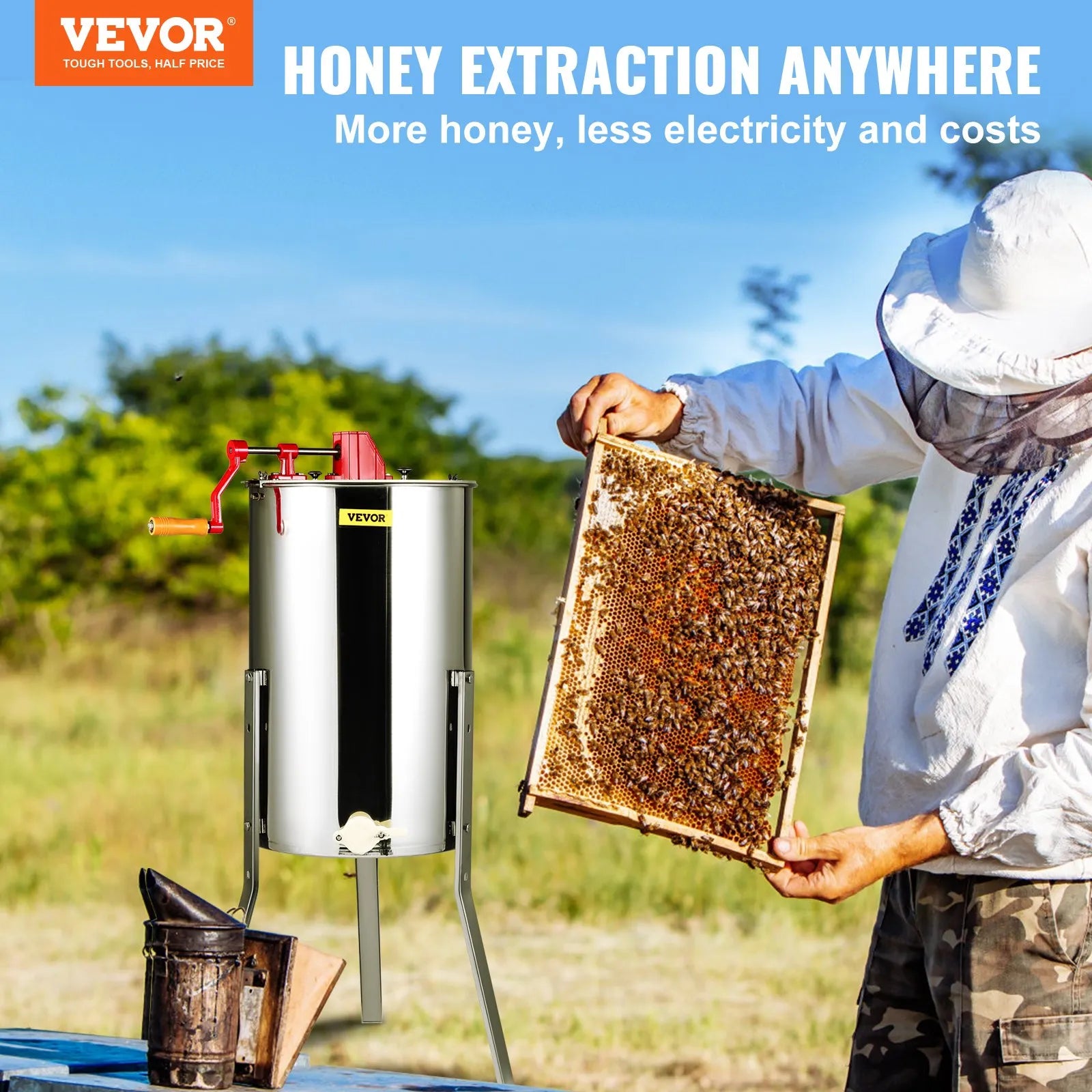 VEVOR Manual Honey Extractor, 3 Frames Honey Spinner Extractor, Stainless Steel Beekeeping Extraction, Honeycomb Drum Spinner with Lid, Apiary Centrifuge Equipment with Height Adjustable Stand