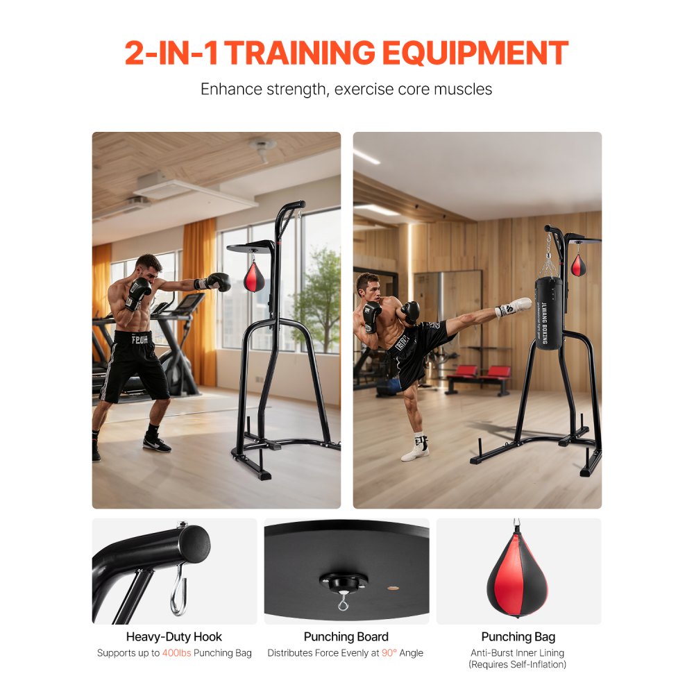 VEVOR 2 in 1 Punching Bag Stand, Steel Heavy Duty Workout Equipment, Adjustable Height Boxing Punching Bag and Speed Bag Stand, Freestanding Sandbag Rack 