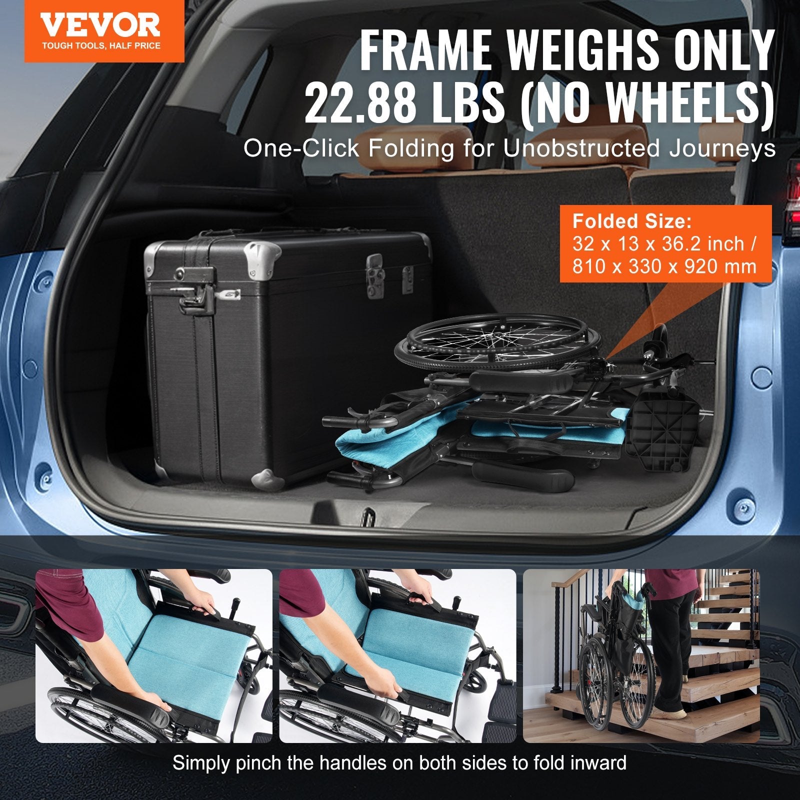 VEVOR Wheelchair Aluminum Alloy Ultra-Lightweight 18-In Wide Seat 250lbs 