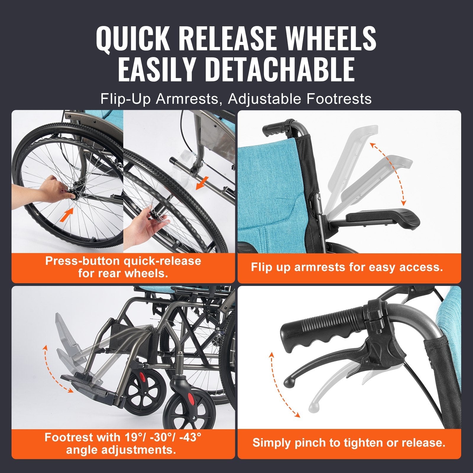 VEVOR Wheelchair Aluminum Alloy Ultra-Lightweight 18-In Wide Seat 250lbs 