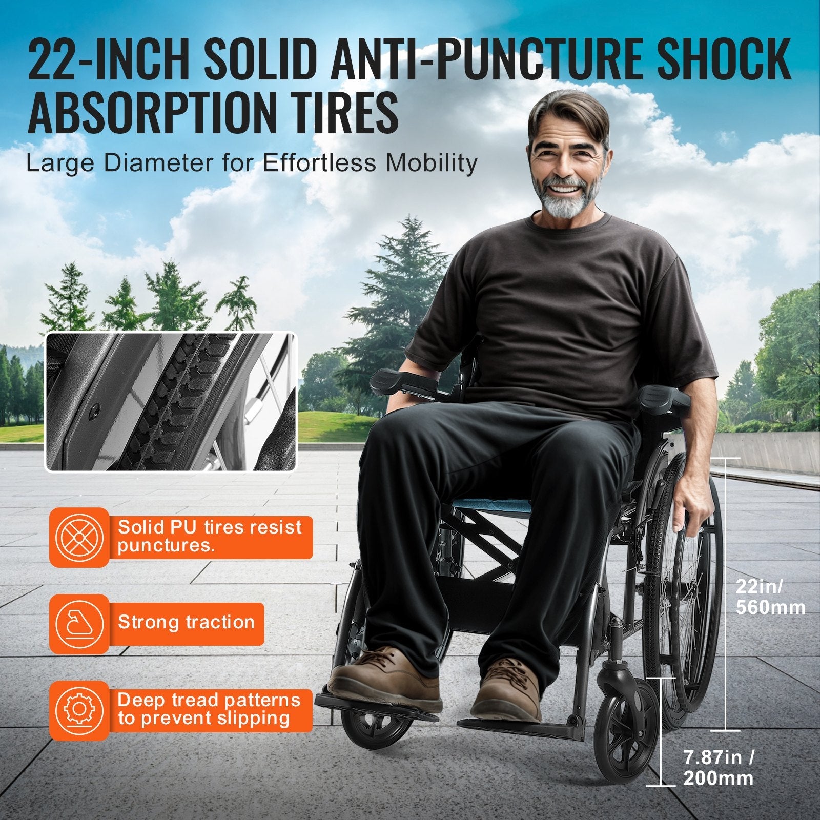 VEVOR Wheelchair Aluminum Alloy Ultra-Lightweight 18-In Wide Seat 250lbs 