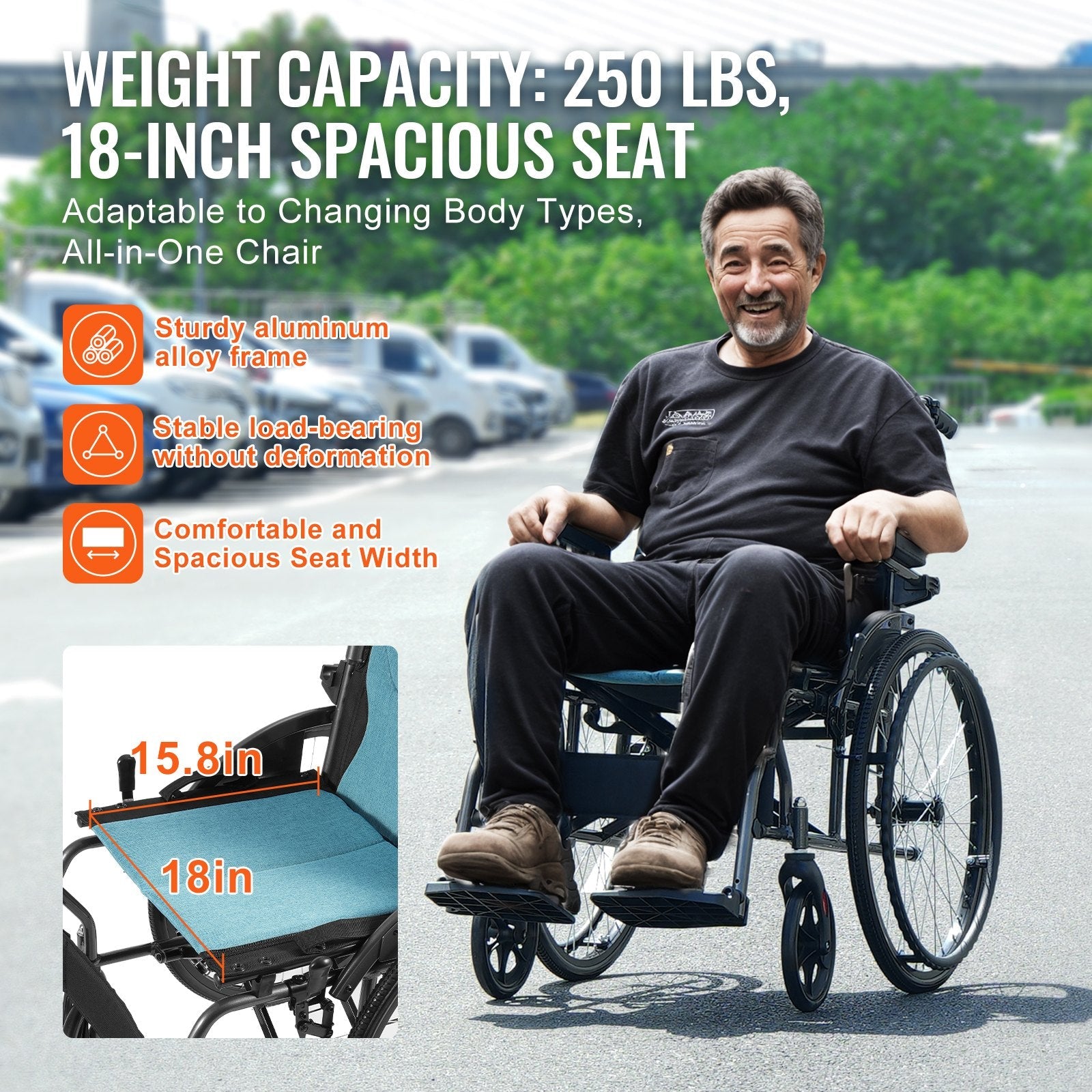 VEVOR Wheelchair Aluminum Alloy Ultra-Lightweight 18-In Wide Seat 250lbs 