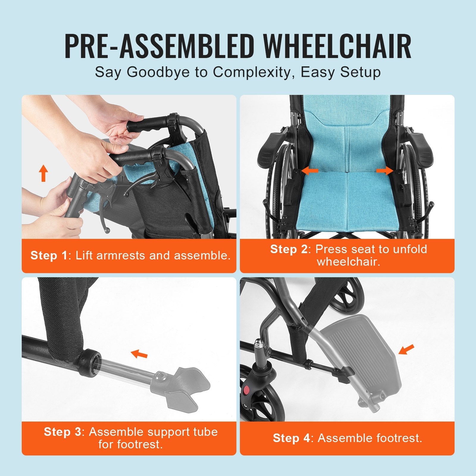 VEVOR Wheelchair Aluminum Alloy Ultra-Lightweight 18-In Wide Seat 250lbs 