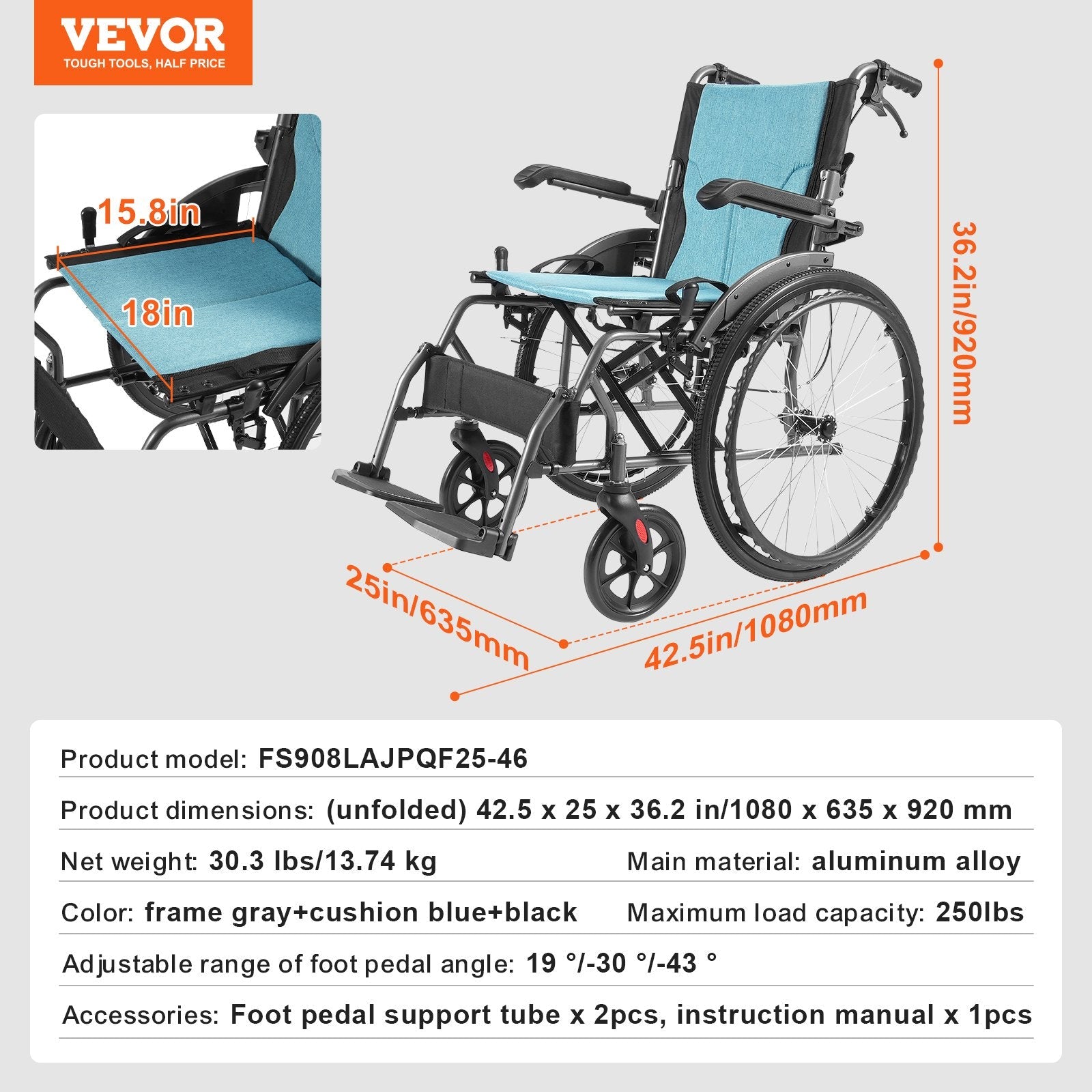 VEVOR Wheelchair Aluminum Alloy Ultra-Lightweight 18-In Wide Seat 250lbs 