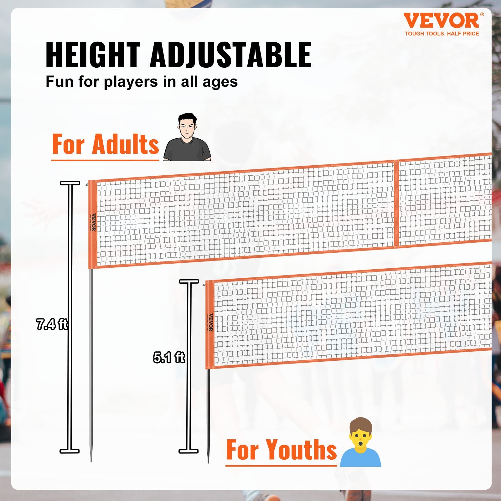 VEVOR 4-Way Volleyball Net, Adjustable Height Badminton Net Set for Backyard Beach Lawn, Outdoor Portable Volleyball Net with Carrying Bag, 4 Square Quick Assemble Game Set For Kids And Adults 