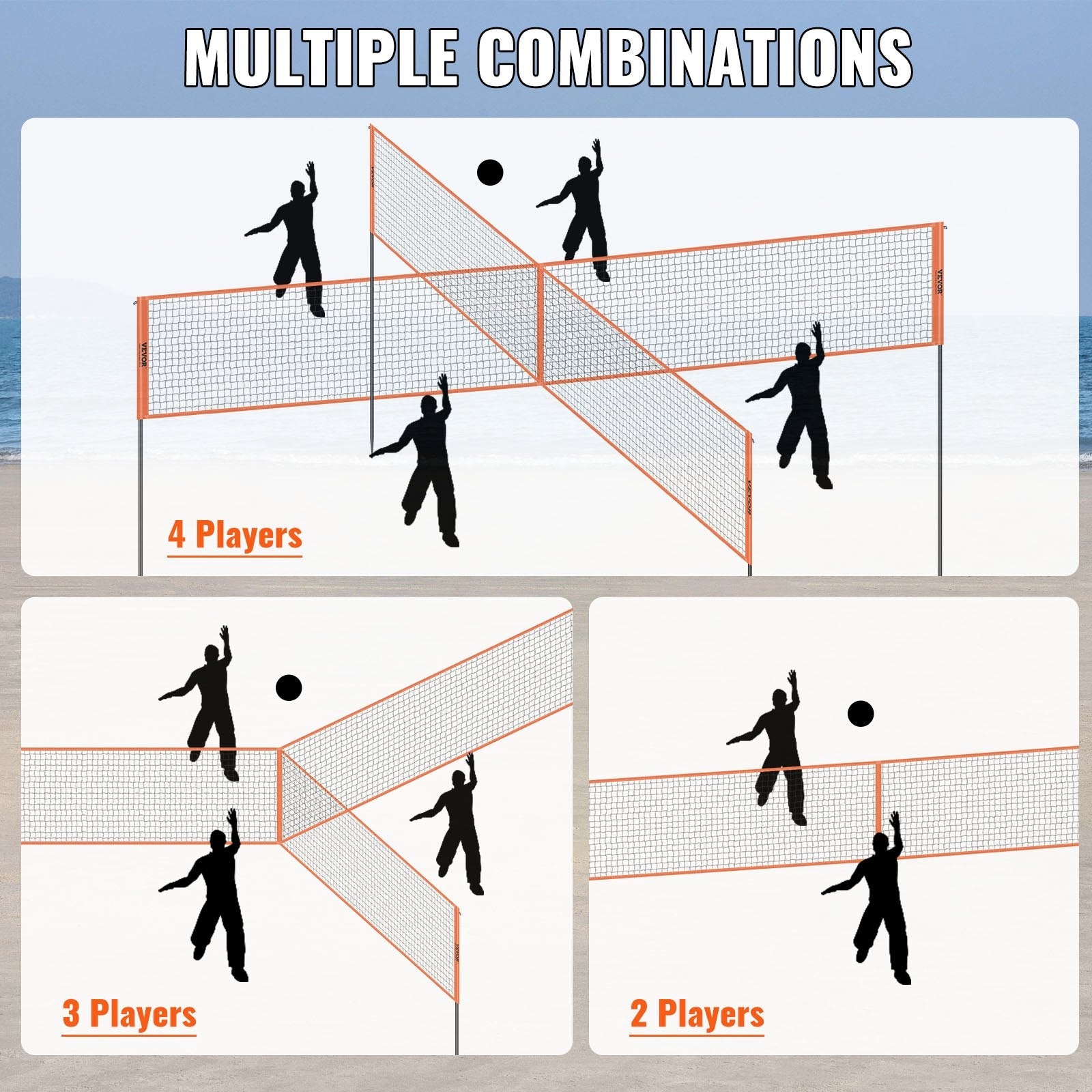 VEVOR 4-Way Volleyball Net, Adjustable Height Badminton Net Set for Backyard Beach Lawn, Outdoor Portable Volleyball Net with Carrying Bag, 4 Square Quick Assemble Game Set For Kids And Adults 