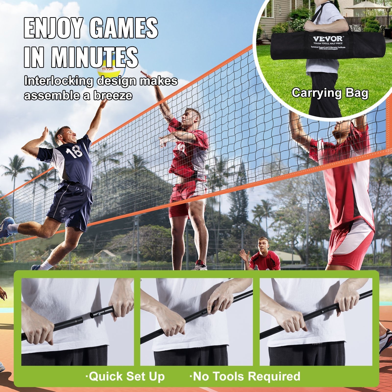 VEVOR 4-Way Volleyball Net, Adjustable Height Badminton Net Set for Backyard Beach Lawn, Outdoor Portable Volleyball Net with Carrying Bag, 4 Square Quick Assemble Game Set For Kids And Adults 