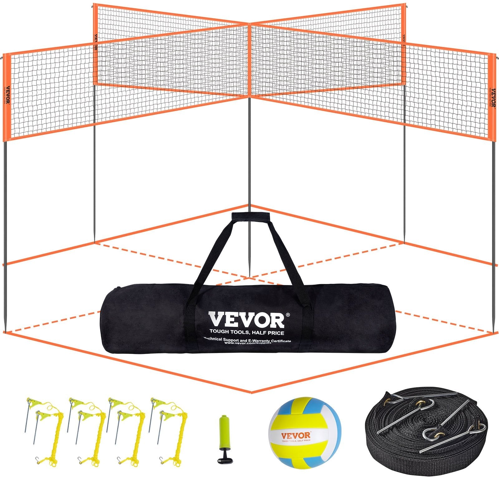 VEVOR 4-Way Volleyball Net, Adjustable Height Badminton Net Set for Backyard Beach Lawn, Outdoor Portable Volleyball Net with Carrying Bag, 4 Square Quick Assemble Game Set For Kids And Adults 