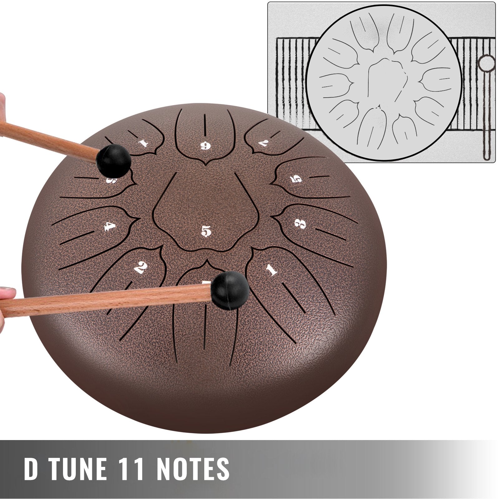 VEVOR Steel Tongue Drum 11 Notes 10 inches Percussion Instrument with Bag, Book, Mallets, Finger Picks 