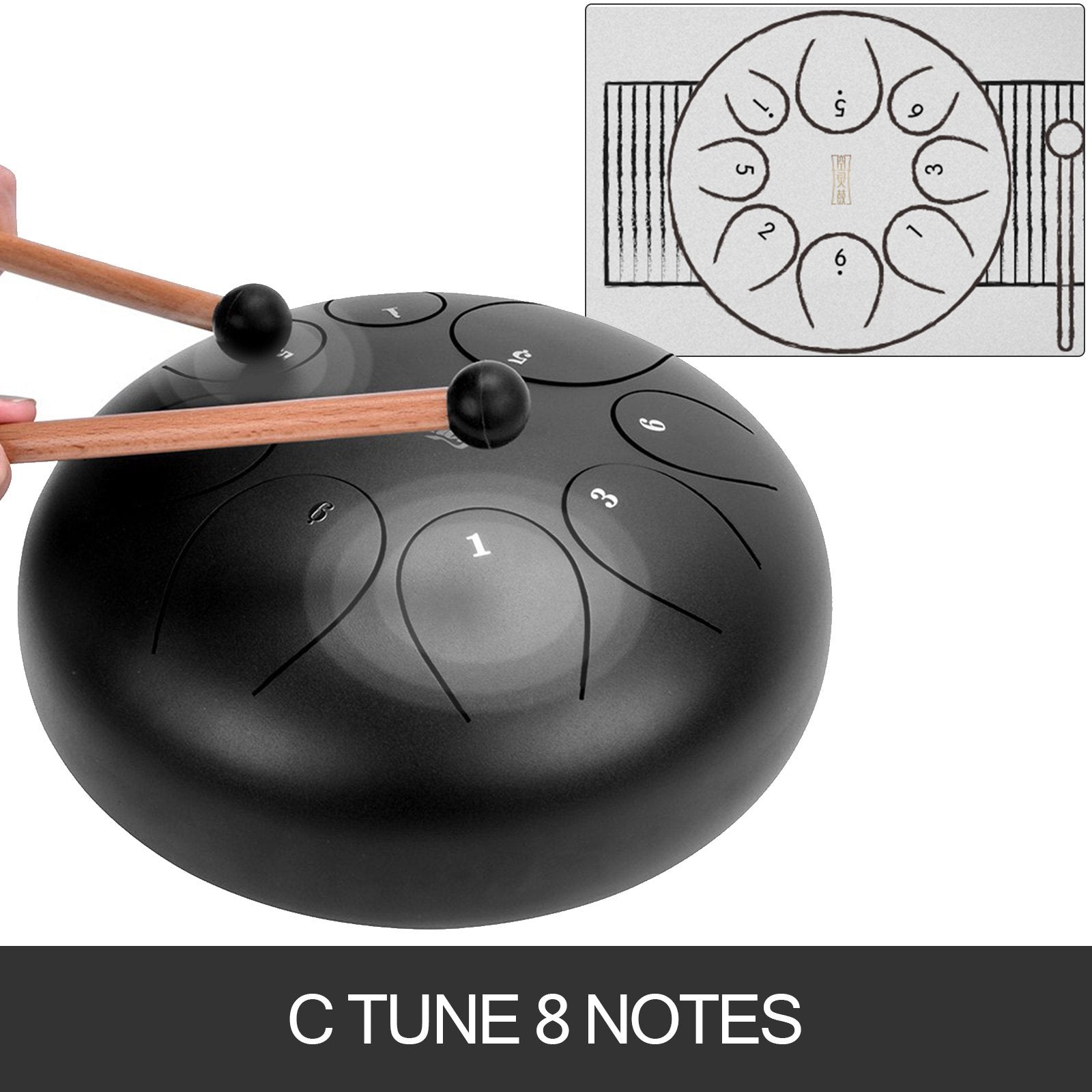VEVOR Steel Tongue Drum - 8 Notes 10 inches - Percussion Instrument - Handpan Drum with Bag, Book, Mallets, Finger Picks (Black) 