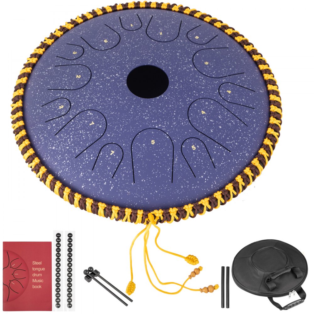 VEVOR Tongue Drum 14 Notes Dish Shape Drum 14.9 Inches Manual Percussion Pure Copper Tongues 14 Notes Steel Tongue Handpan Drum with Rope Decoration and Mallets Bag Music Book Finger Picks Purple 