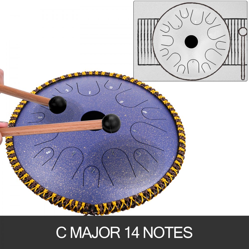 VEVOR Tongue Drum 14 Notes Dish Shape Drum 14.9 Inches Manual Percussion Pure Copper Tongues 14 Notes Steel Tongue Handpan Drum with Rope Decoration and Mallets Bag Music Book Finger Picks Purple 