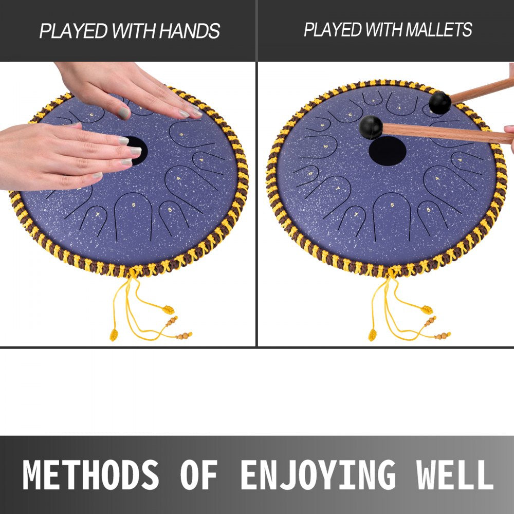 VEVOR Tongue Drum 14 Notes Dish Shape Drum 14.9 Inches Manual Percussion Pure Copper Tongues 14 Notes Steel Tongue Handpan Drum with Rope Decoration and Mallets Bag Music Book Finger Picks Purple 
