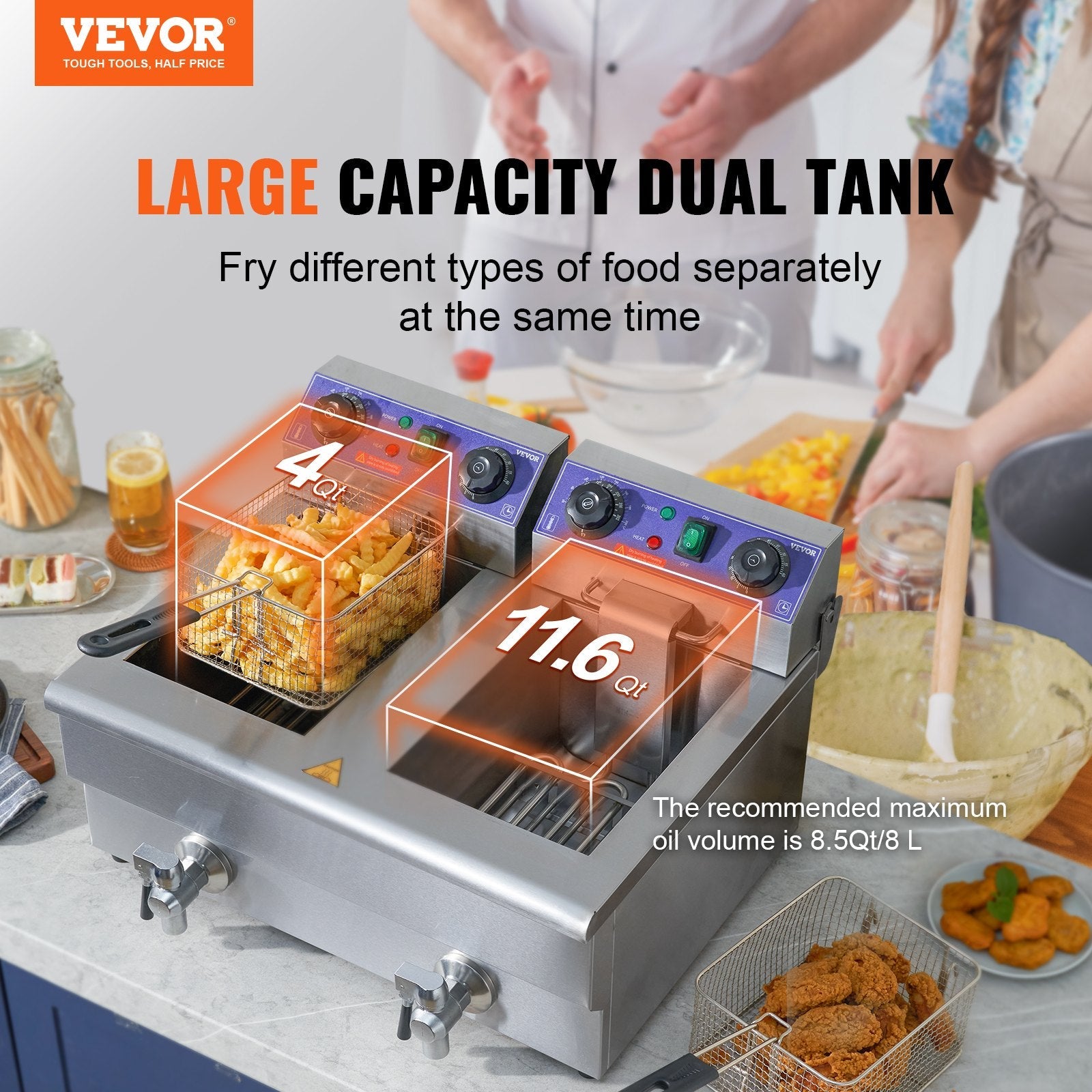 VEVOR Commercial Electric Deep Fryer, 24L 3000W Dual Removable Basket, Stainless Steel Electric Countertop Fryer with Time Control and Oil Filtration, Deep Fryer for Commercial Restaurant Use, Silver 