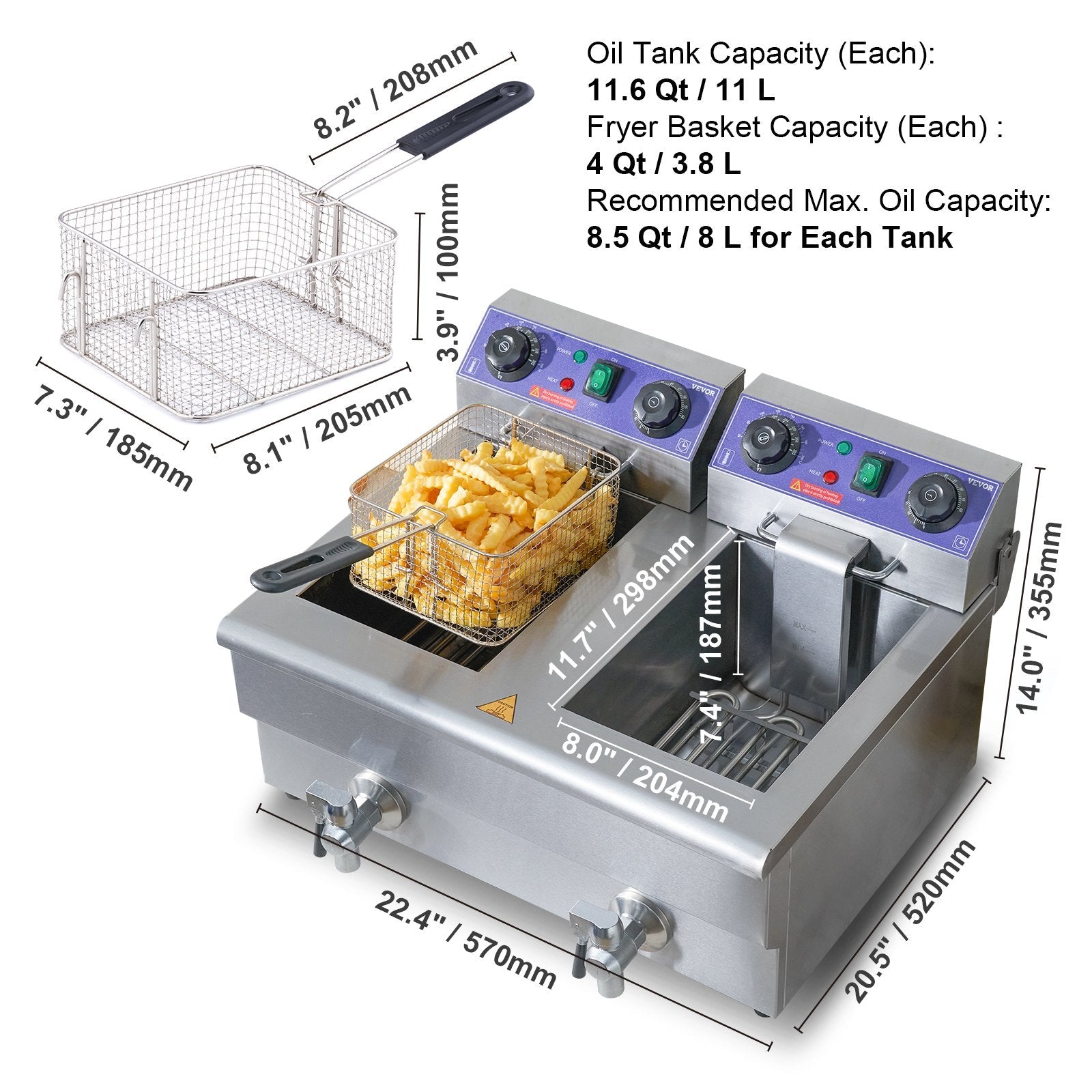 VEVOR Commercial Electric Deep Fryer, 24L 3000W Dual Removable Basket, Stainless Steel Electric Countertop Fryer with Time Control and Oil Filtration, Deep Fryer for Commercial Restaurant Use, Silver 