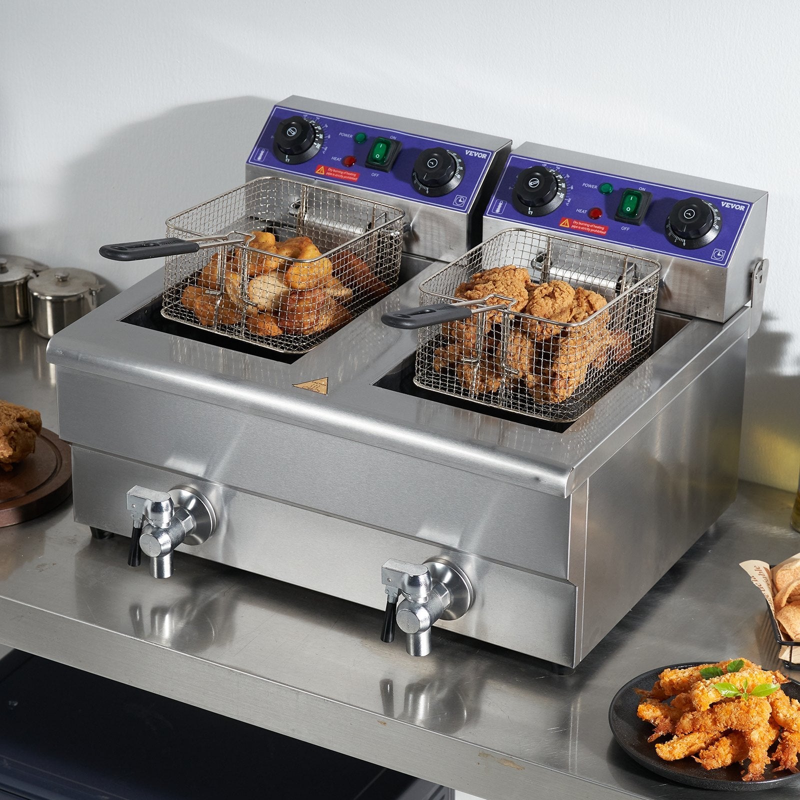 VEVOR Commercial Electric Deep Fryer, 24L 3000W Dual Removable Basket, Stainless Steel Electric Countertop Fryer with Time Control and Oil Filtration, Deep Fryer for Commercial Restaurant Use, Silver 