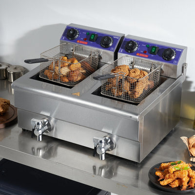 VEVOR Commercial Electric Deep Fryer, 24L 3000W Dual Removable Basket, Stainless Steel Electric Countertop Fryer with Time Control and Oil Filtration, Deep Fryer for Commercial Restaurant Use, Silver 