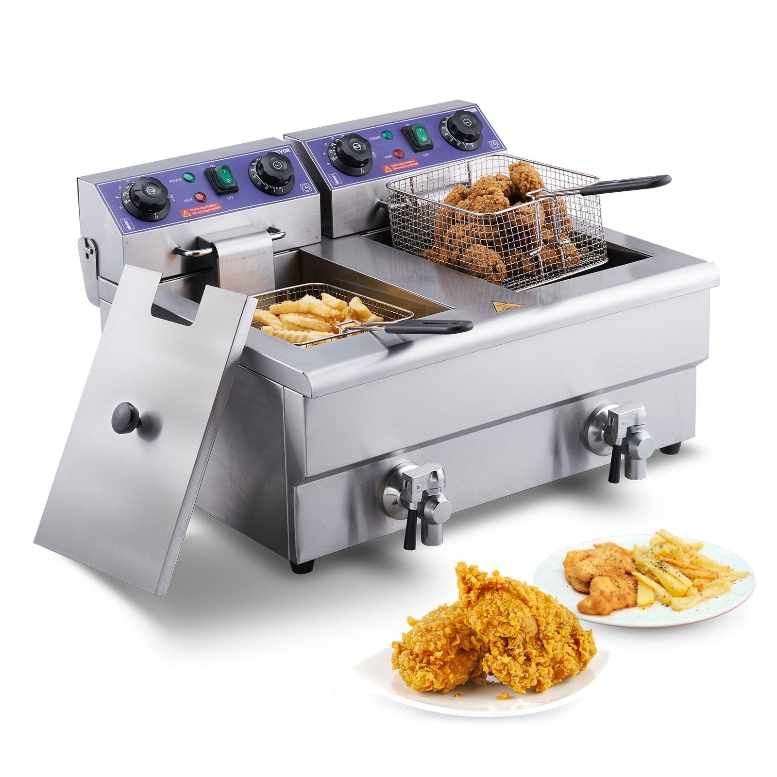 VEVOR Commercial Electric Deep Fryer, 24L 3000W Dual Removable Basket, Stainless Steel Electric Countertop Fryer with Time Control and Oil Filtration, Deep Fryer for Commercial Restaurant Use, Silver 
