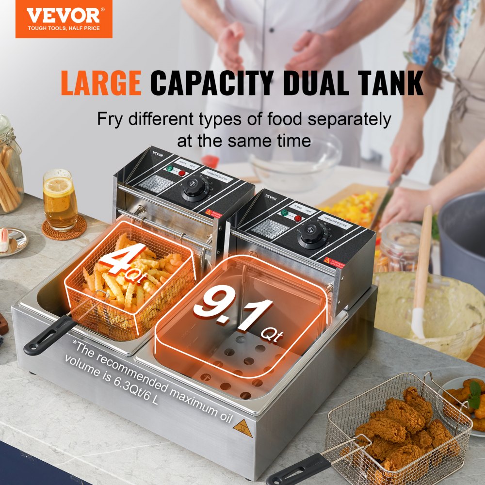 VEVOR Commercial Electric Deep Fryer Countertop Deep Fryer Dual Detachable Tanks 