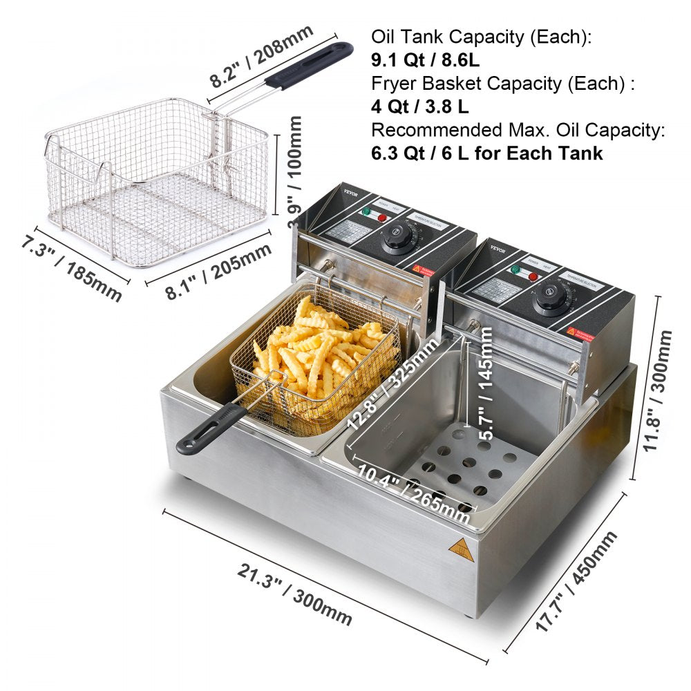 VEVOR Commercial Electric Deep Fryer Countertop Deep Fryer Dual Detachable Tanks 