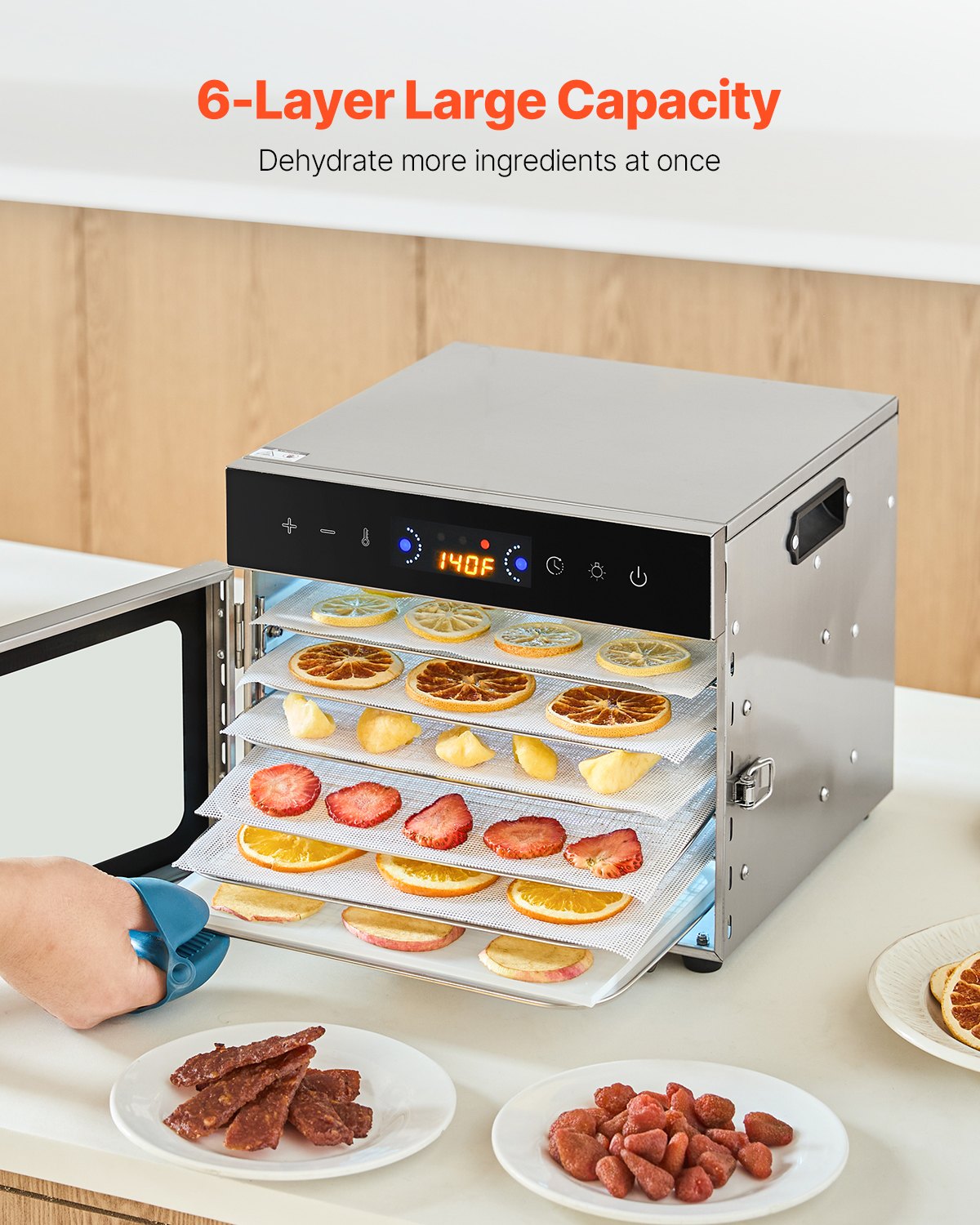 VEVOR 6 Trays Food Dehydrator Machine Stainless Steel 400W Jerky Fruit Drying 