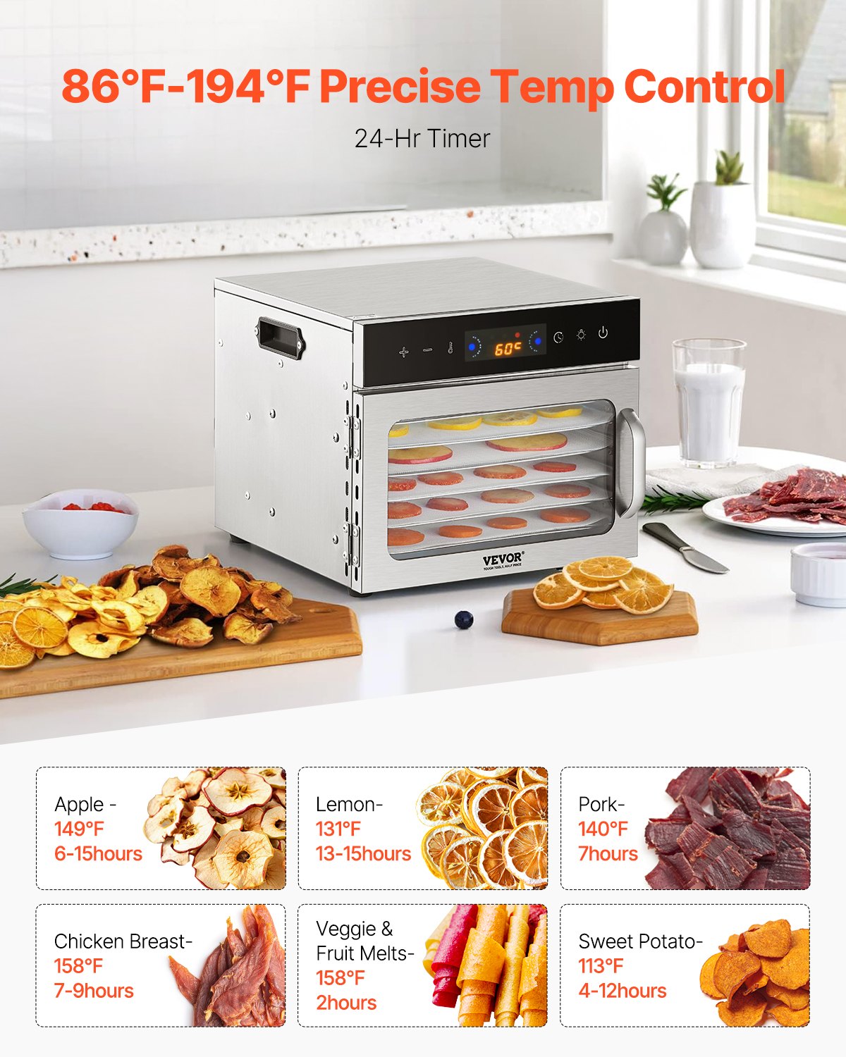 VEVOR 6 Trays Food Dehydrator Machine Stainless Steel 400W Jerky Fruit Drying 
