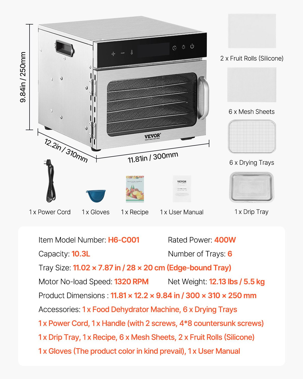 VEVOR 6 Trays Food Dehydrator Machine Stainless Steel 400W Jerky Fruit Drying 