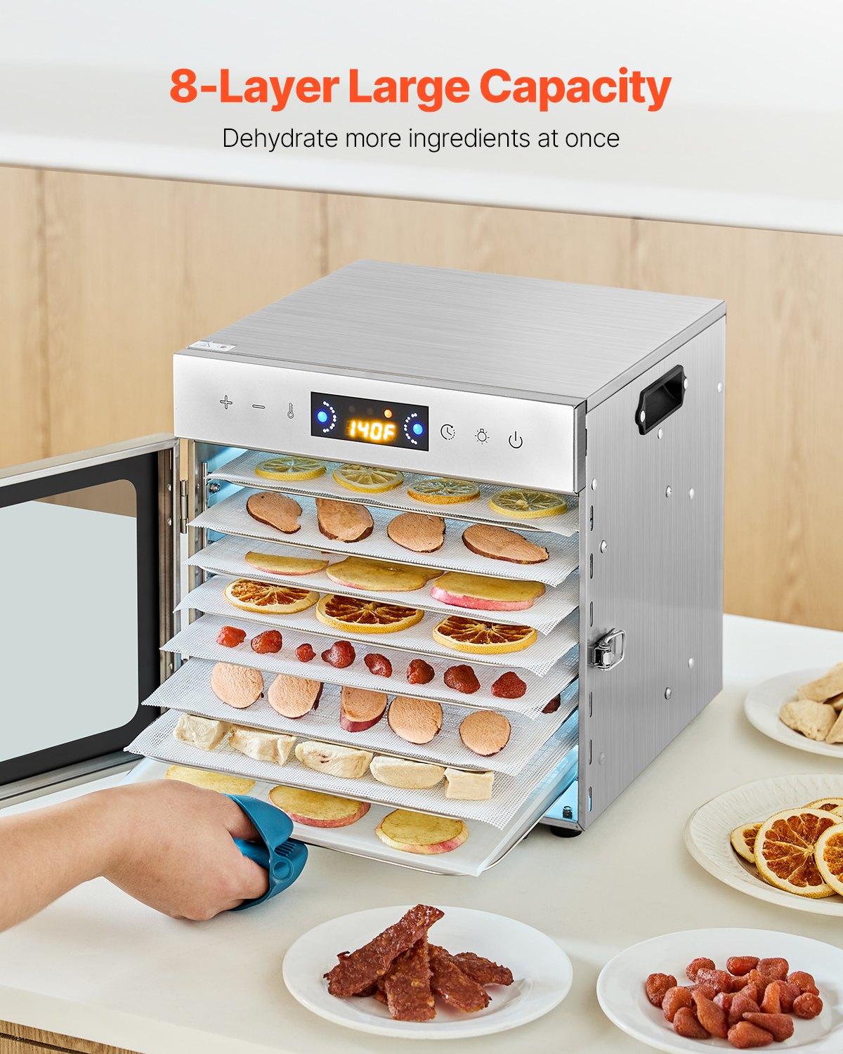 VEVOR 8 Trays Food Dehydrator Machine Stainless Steel 400W Jerky Fruit Drying 