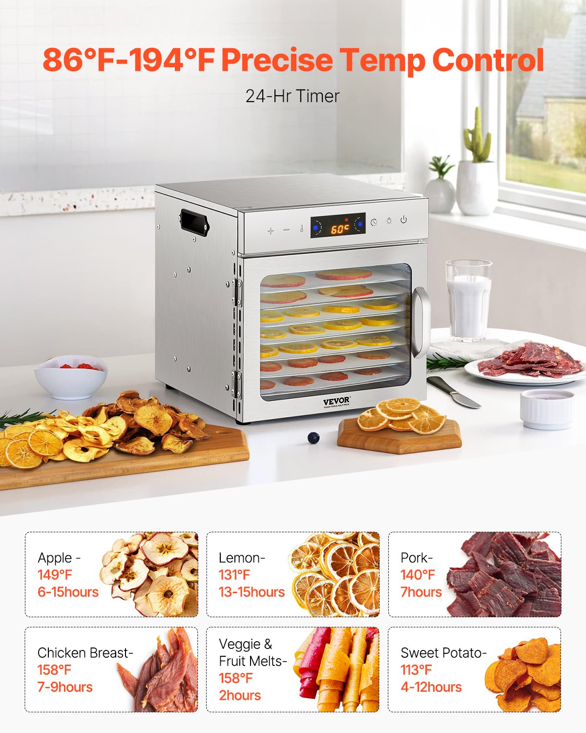 VEVOR 8 Trays Food Dehydrator Machine Stainless Steel 400W Jerky Fruit Drying 
