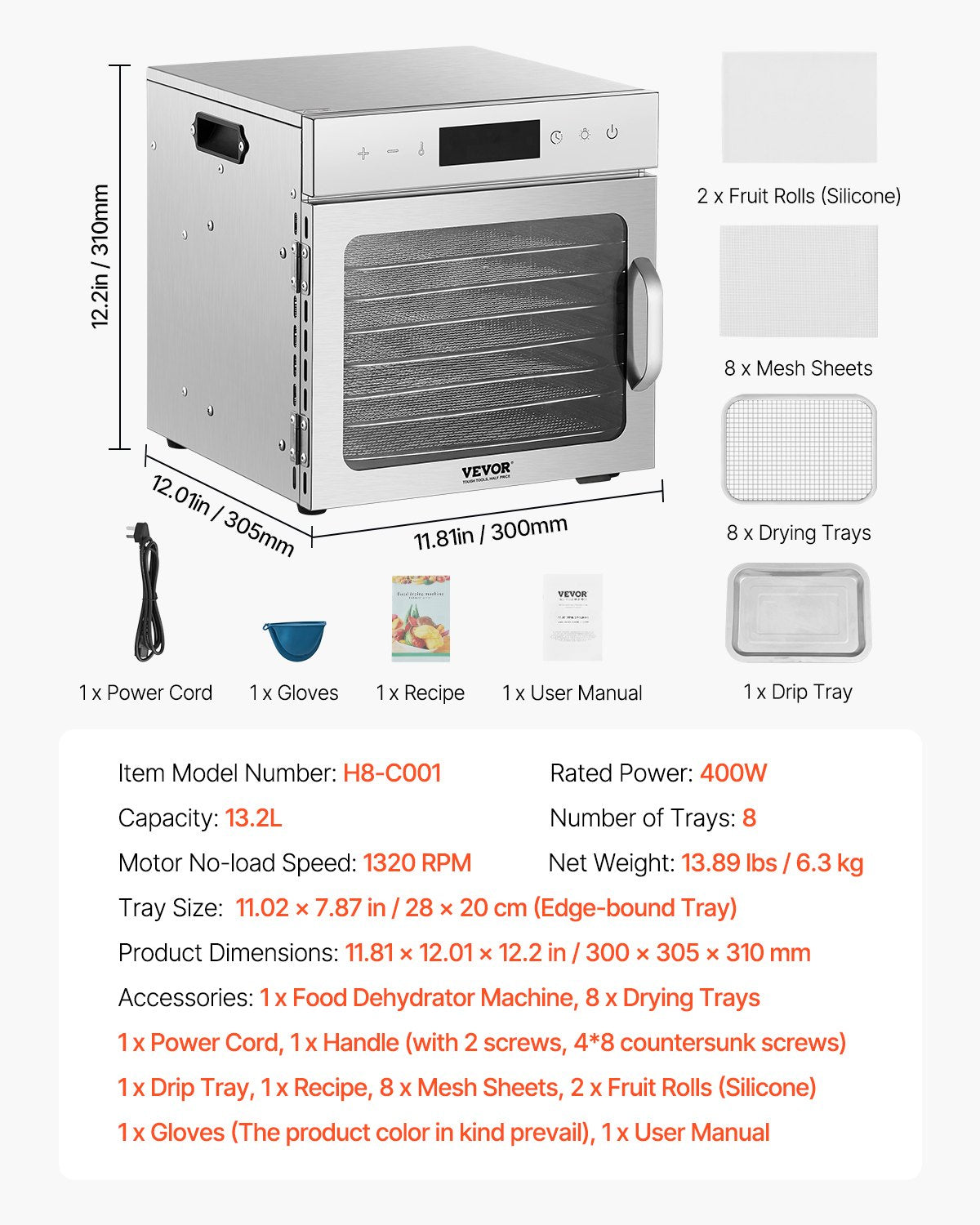 VEVOR 8 Trays Food Dehydrator Machine Stainless Steel 400W Jerky Fruit Drying 