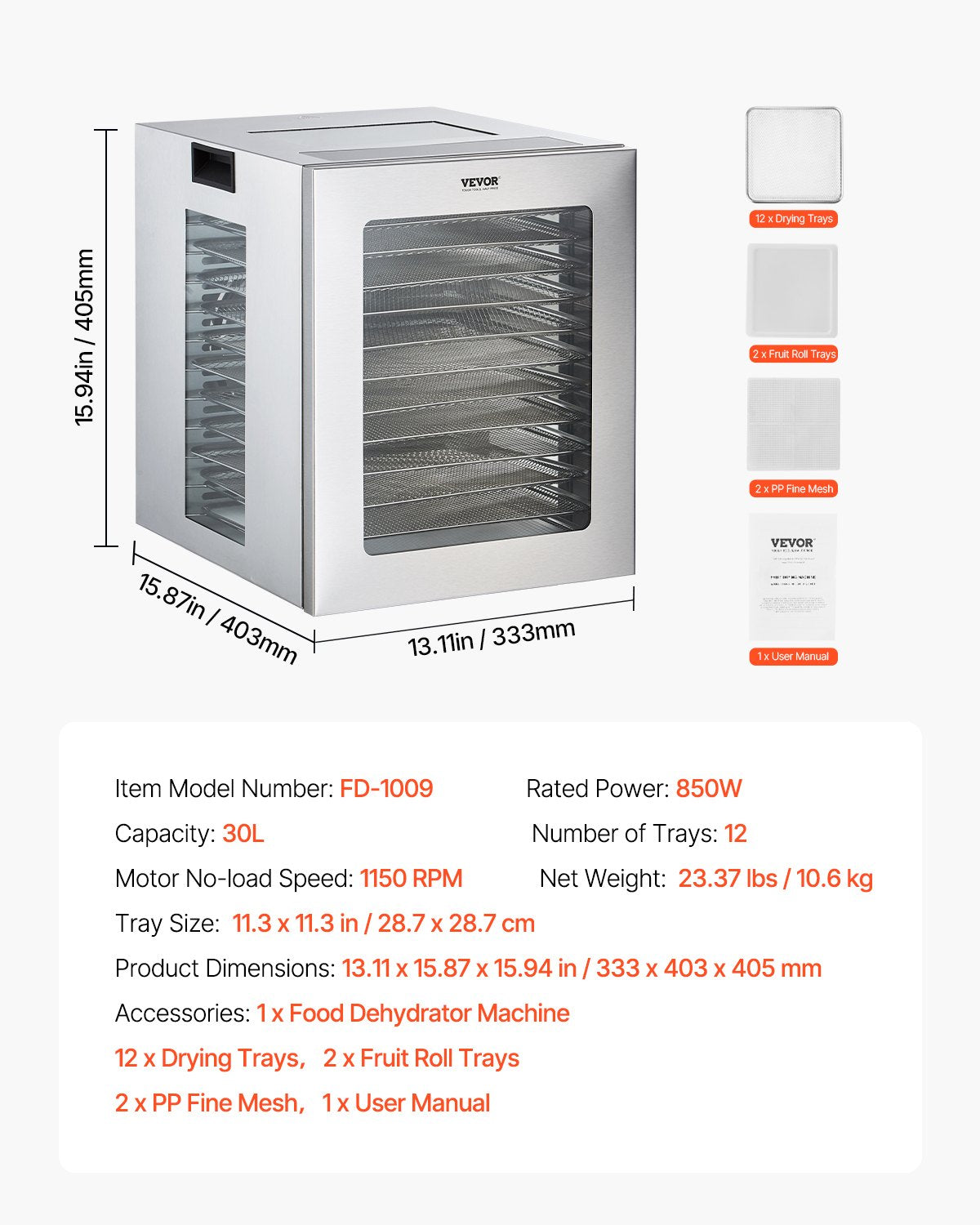 12 Trays Food Dehydrator Machine Stainless Steel 850W Jerky Meat Fruit Drying 