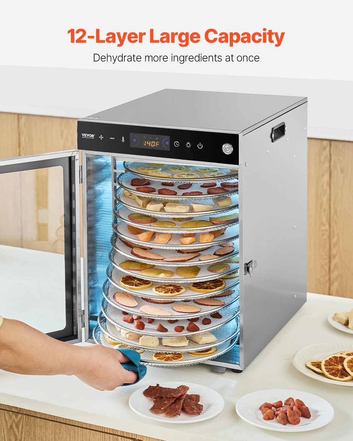 VEVOR 12 Trays Rotary Food Dehydrator Machine Stainless Steel 800W Fruit Drying 