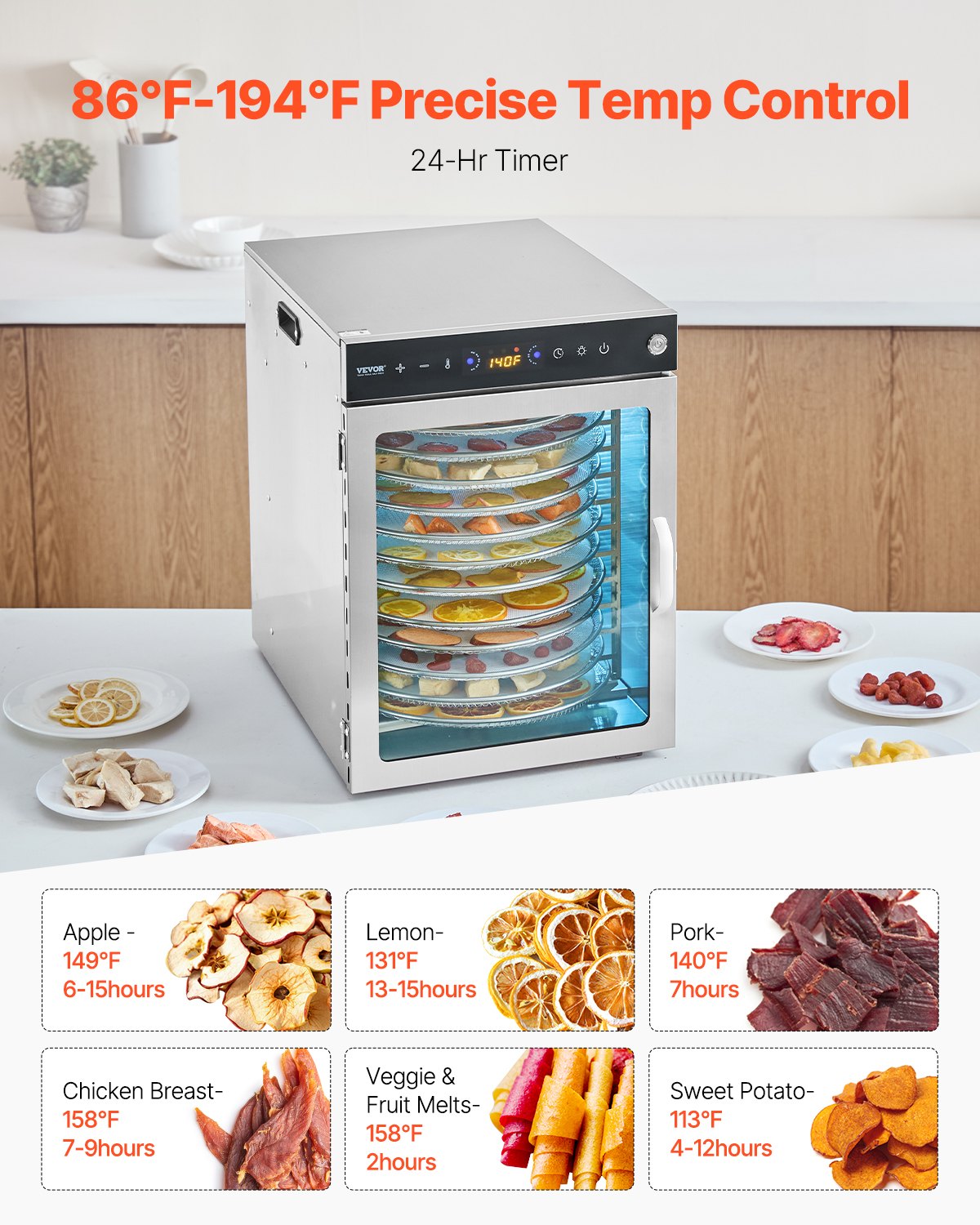 VEVOR 12 Trays Rotary Food Dehydrator Machine Stainless Steel 800W Fruit Drying 