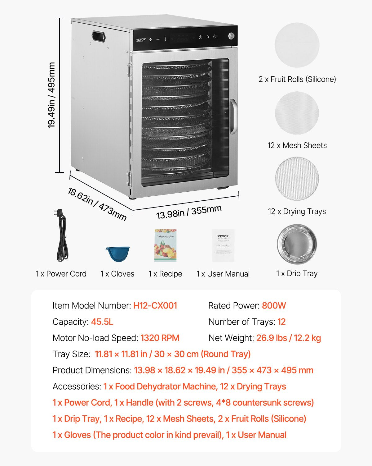VEVOR 12 Trays Rotary Food Dehydrator Machine Stainless Steel 800W Fruit Drying 