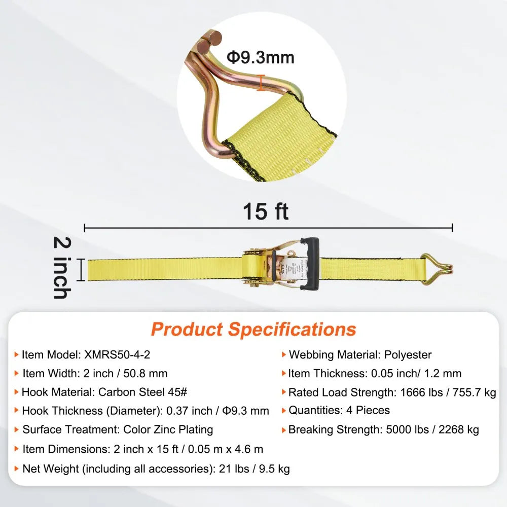 VEVOR Ratchet Tie Down Straps (4PK), 5000 lb Break Strength, Double J Hook Includes 4 Premium 2" x 15' Rachet Tie Downs with Padded Handles, for Moving Securing Cargo, Appliances, Lawn Equipment