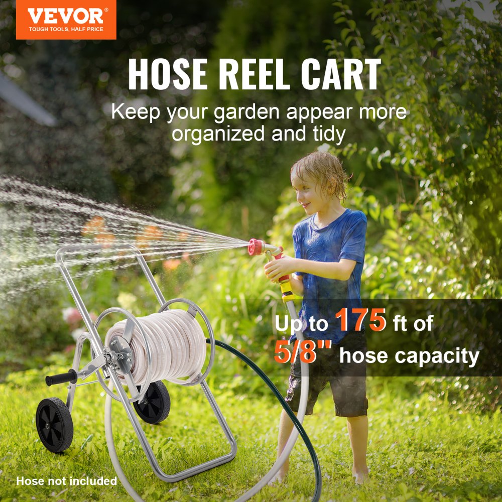 VEVOR 175 ft of 5/8’’ Hose Reel Cart, (Hose Not Included), Garden Water Hose Carts Mobile Tools with Wheels, Heavy Duty Powder-coated Steel Outdoor Planting for Garden, Yard, Lawn 