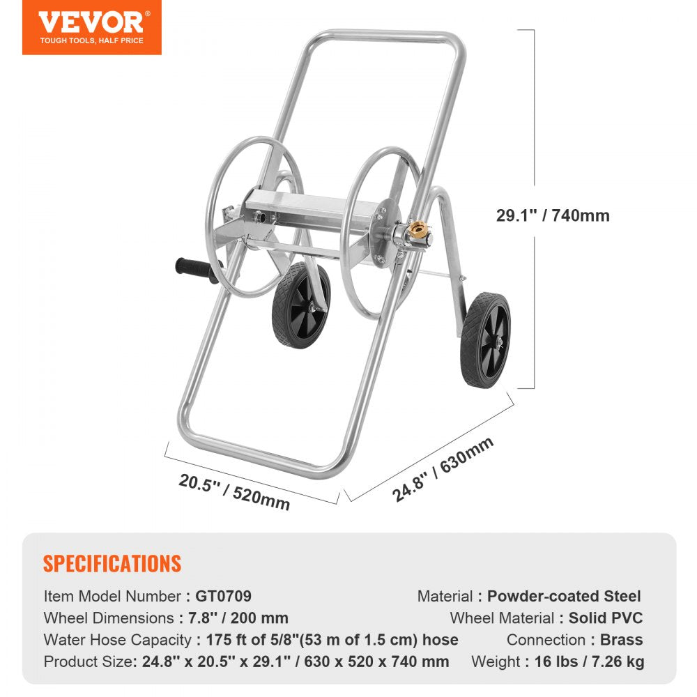 VEVOR 175 ft of 5/8’’ Hose Reel Cart, (Hose Not Included), Garden Water Hose Carts Mobile Tools with Wheels, Heavy Duty Powder-coated Steel Outdoor Planting for Garden, Yard, Lawn 