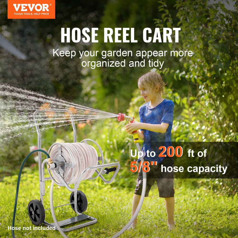 VEVOR Hose Reel Cart, Hold Up to 200 ft of 5/8’’ Hose (Hose Not Included), Garden Water Hose Carts Mobile Tools with Wheels, Heavy Duty Powder-coated Steel Outdoor Planting for Garden, Yard, Lawn 