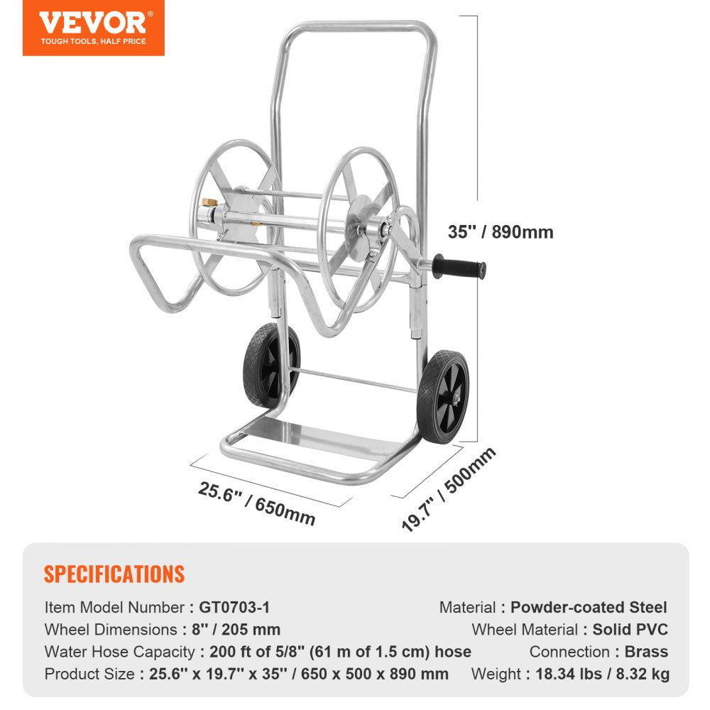 VEVOR Hose Reel Cart, Hold Up to 200 ft of 5/8’’ Hose (Hose Not Included), Garden Water Hose Carts Mobile Tools with Wheels, Heavy Duty Powder-coated Steel Outdoor Planting for Garden, Yard, Lawn 