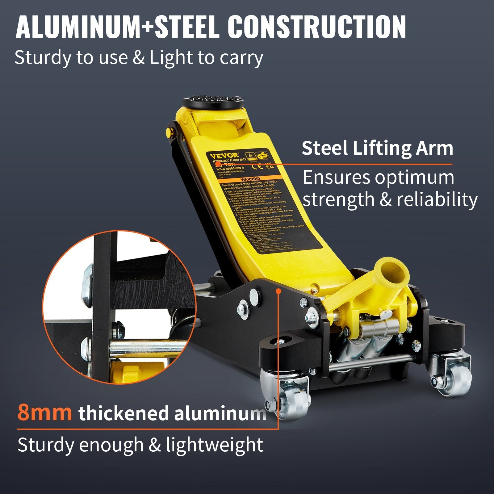 VEVOR Floor Jack, 3 Ton Low Profile Floor Jack, Aluminum and Steel Racing Floor Jack with Dual Pistons Quick Lift Pump, Floor Jack Lifting Range 3-6/11"-19-11/16" 