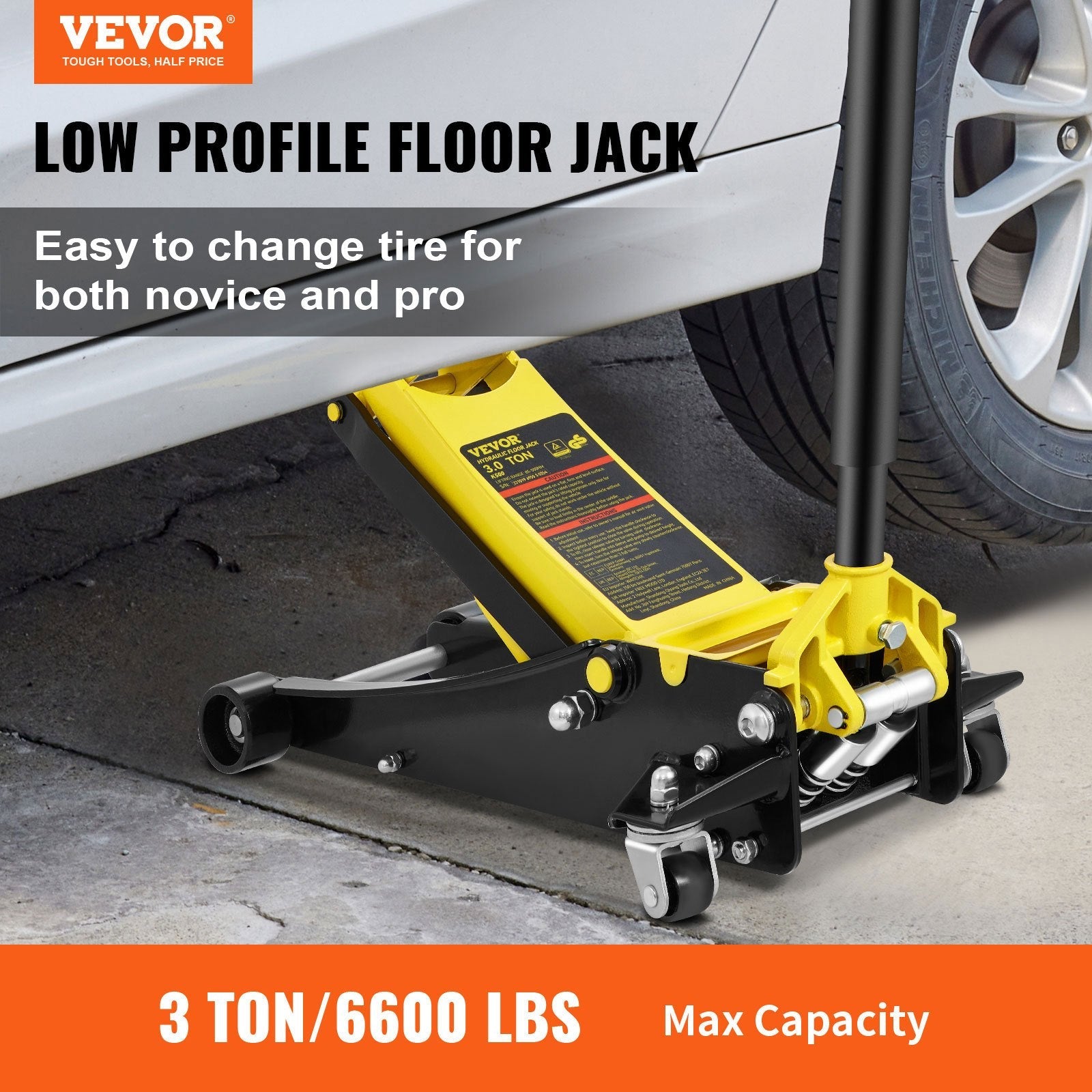 VEVOR Floor Jack, 3 Ton Low Profile Floor Jack, Heavy-duty Steel Racing Floor Jack with Dual Pistons Quick Lift Pump, Floor Jack Lifting Range 3.35"-19.69" 