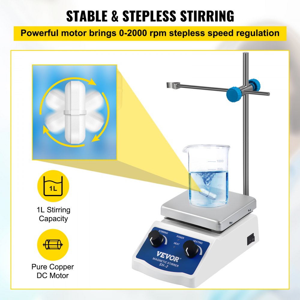 VEVOR SH-2 Magnetic Stirrer, 0-2000 RPM, 1000ml Mixing Capacity Laboratory Magnetic Stirrer Hotplate w/Stand, 180W Heating Power ? 380°C Max Heating Temperature, for Lab Liquid Mixing Heating 