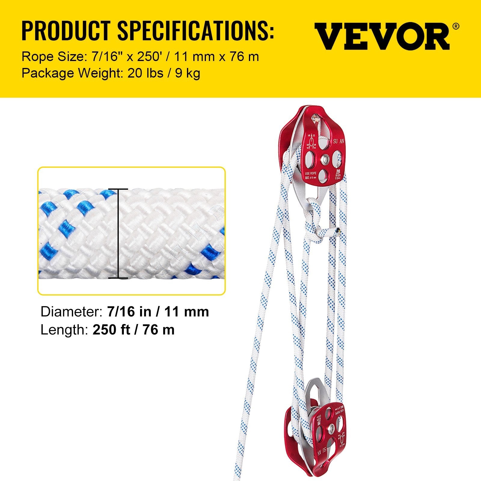 Twin Sheave Block and Tackle 6600lbs Pulley 250Ft, 7/16Inch Double Braid Rope 