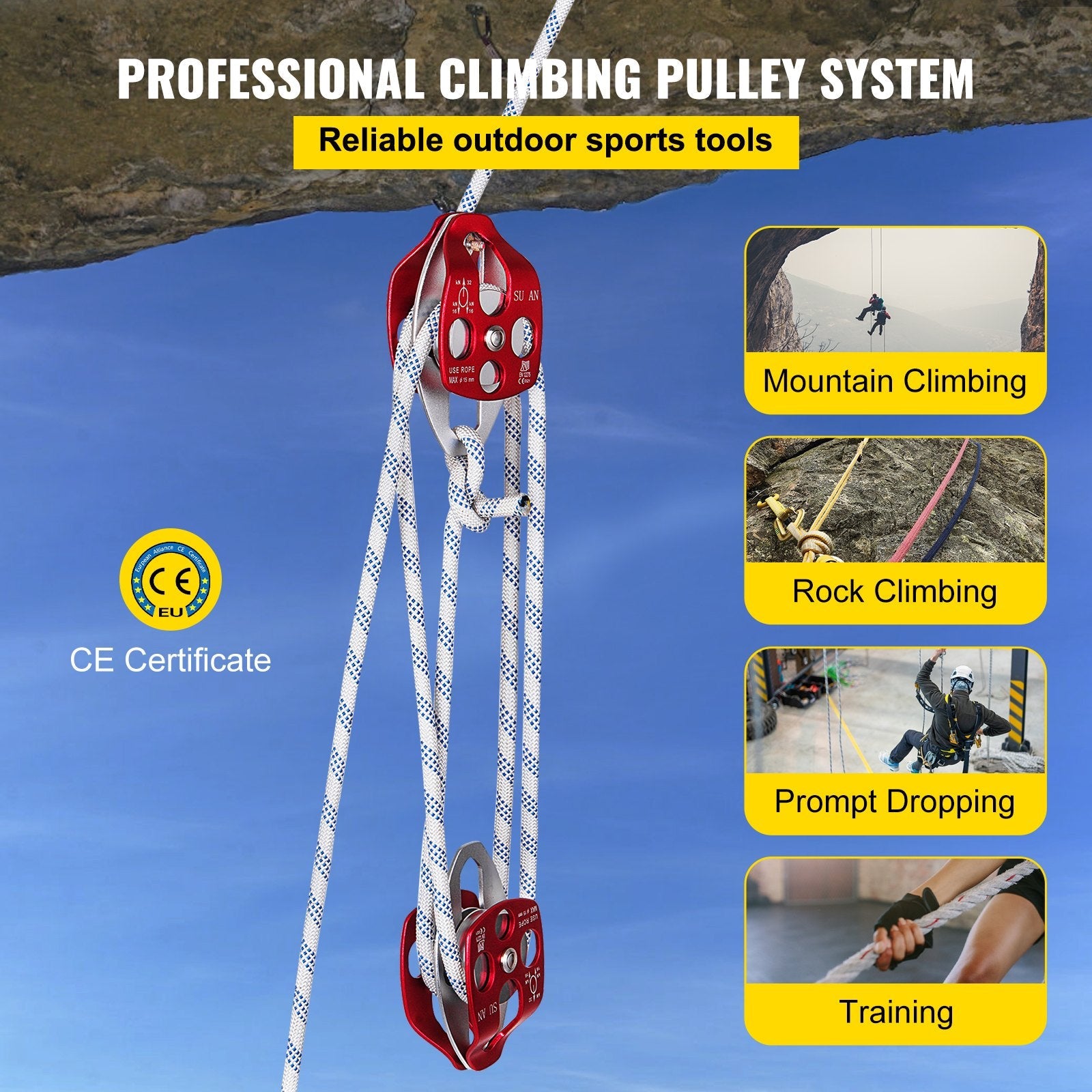 Twin Sheave Block and Tackle 7700Lb Pulley System 200 feet 1/2 Double Braid Rope 