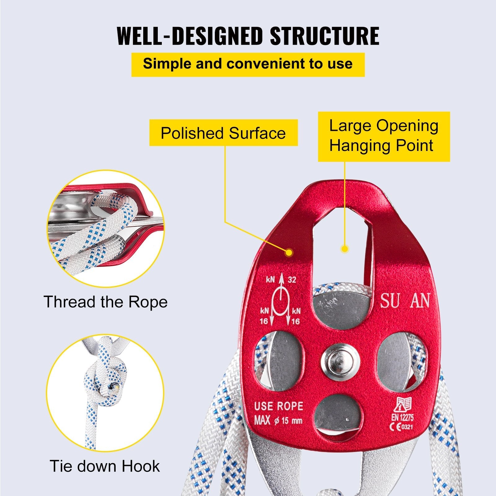 Twin Sheave Block and Tackle 7700Lb Pulley System 200 feet 1/2 Double Braid Rope 